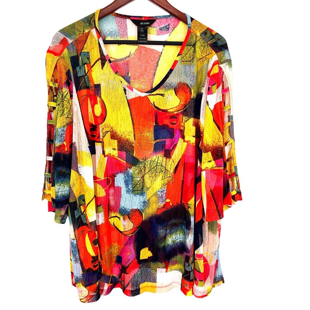 Ali Miles Plus Size 3X Super Sheer Wearable Art Red Cover Up Blouse Shirt Top